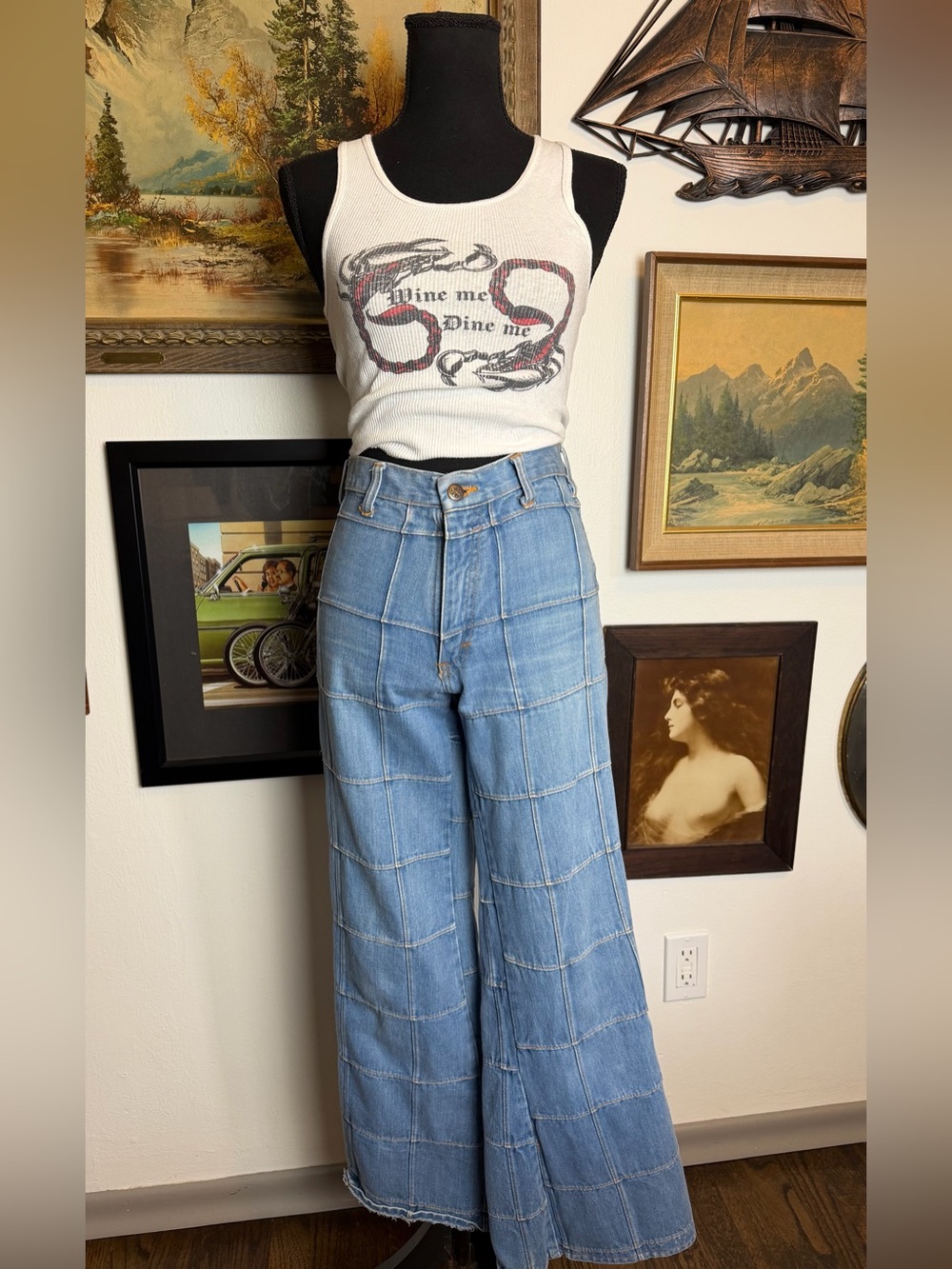 Vintage 1970s Brittania Patchwork Windowpane Bell Bottoms Jeans Midrise 27"